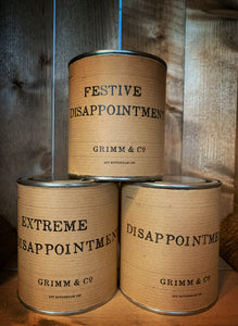 Image shows the three types of Disappointment sold at Grimm & Co. Disappointment, Extreme Disappointment, and Festive Disappointment.