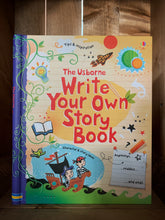 Load image into Gallery viewer, Image of the front cover of Write Your Own Story Book. The background is pale orange and lined, with a purple spine. The title is in the center, surrounded by creative illustrations, including a pirate ship on green seas, and a rocked ship. In the right lower corner, there is a small illustration of notepaper  that reads beginnings, middles, and ends.