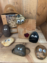 Load image into Gallery viewer, Image shows a collection of 6 Pebble Pals grouped together displaying the various colours and styles that could be sent when ordering. In the background is a kraft carry case box with wood wool nesting.