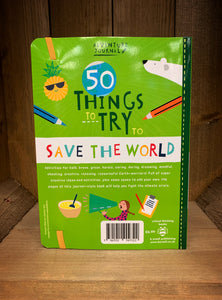 Image of the back cover of the book 50 Things to Try to Save the World. Illustrations are a continuation from the front. 