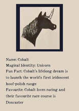 Load image into Gallery viewer, Character bio for Cobalt the Unicorn. Image shows the silhouette of the head of a unicorn. Bio reads as follows - Magical Identity: Unicorn. Fun Fact: Cobalt's lifelong dream is to launch the world's first iridescent hoof-polish range. Favourite: Cobalt loves racing and their favourite race course is Doncaster.