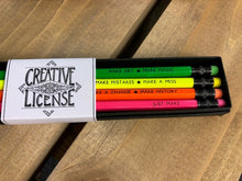 Load image into Gallery viewer, Image shows the Creative License set of Word Wands in neon colours of green, yellow, pink and orange. Slogans at end near erasers printed in black ink and read, Make Art * Make Magic Make Mistakes * Make a Mess Make  change * Make History Just Make.