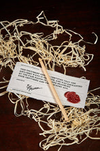 Load image into Gallery viewer, Image of the small handmade starter wand. A decorative wooden wand with a black Grimm & Co 'G' stamped into the base ofthe handle and a single dot of sterling silver at the tip. Wood is a pale pine colour and comes with a red wax sealed certificate of authenticity