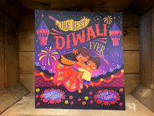 Load image into Gallery viewer, Image shows the front cover of the book The Best Diwali Ever. The cover has an illustration of a sister hugging a younger sibling, surrounded by lanterns and fireworks. The colours are all in bright shades of purple, red, yellow, orange, and blue. 