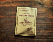 Load image into Gallery viewer, Image of the front of a kraft paper pouch of Fruity Mulling Spices. 