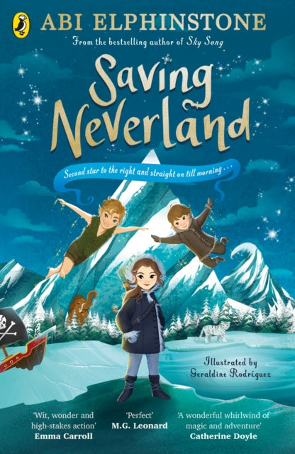 Image of the cover of Saving Neverland. The image shows 3 figures in front of an icy island with mountains. One figure is stoof in the foreground wearing a winter coat, the other two are flying above. On the left side in the sea is a pirate ship.