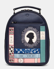 Load image into Gallery viewer, Image shows a navy blue leather backpack featuring appliqued spines of books written by Jane Austen. Titles include The Watsons, Sanditon, Emma, Northanger Abbey and Mansfield Park. Cameo with a silhouette portrait of Jane Austen stands on top of a stack of books in the centre of the bag design.