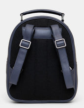 Load image into Gallery viewer, Image shows the back of the navy blue leather Austen backpack with adjustable shoulder straps and top carry handle. Back is padded for added comfort.