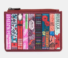 Load image into Gallery viewer, Image shows a cherry red leather zip top purse with appliqued book spines featuring floral patterns in reds and pinks all with female protagonists and  authors.