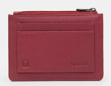 Load image into Gallery viewer, Image shows a cherry red leather zip top purse with a back pocket for 2 card slots and embossed leather smybol and YOSHI logo.