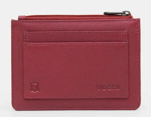 Image shows a cherry red leather zip top purse with a back pocket for 2 card slots and embossed leather smybol and YOSHI logo.