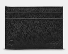 Load image into Gallery viewer, Image shows the back of the black leather card holder with two card slots and embossed leather symbol and YOSHI logo in bottom corners.