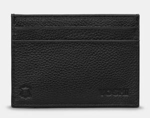 Image shows the back of the black leather card holder with two card slots and embossed leather symbol and YOSHI logo in bottom corners.