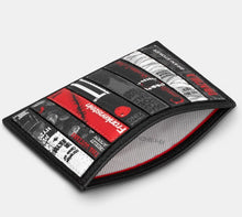 Load image into Gallery viewer, Image shows an open black leather card holder with appliqued design featuring book spines of classic horror titles in grey, black and red. Lining is white with grey YOSHI text.