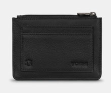 Load image into Gallery viewer, Image shows back of black leather zip top purse with a back pocket featuring two card slots and embossed leather symbol and YOSHI logo.