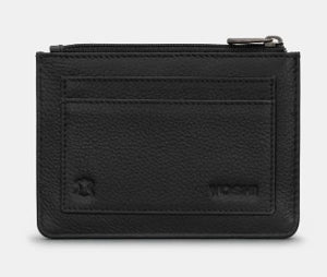 Image shows back of black leather zip top purse with a back pocket featuring two card slots and embossed leather symbol and YOSHI logo.