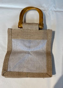 Image of a single window jute gift bag with bamboo handles.