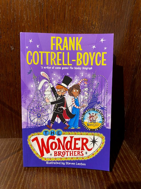 Image shows the front cover of the paperback book The Wonder Brothers. Cover is printed in purple with illustrations of characters Nathan and Middy performing magic in front of Blackpool and Las Vegas. Text is in yellow and red.