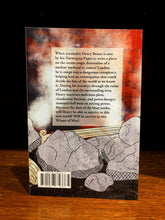 Load image into Gallery viewer, Book back cover with text and illustrations on a wooden surface.
The foreground illustration of ruins and rubble continues from the front against the red and black sky, and white smoke. The blurb is written above in black text.