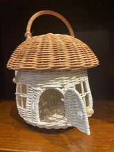 Load image into Gallery viewer, Rattan basket shaped like a fairy toadstool house with handle on lid/roof. Shown with door open.
