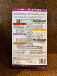 Image shows the back of a folded map of the UK with colour coded locations, festivals, bookshops and journeys based upon Great British Literature.