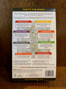 Image shows the back of the folded map of Folklore & Superstition in the UK with colour coded locations featuring points of interest and locations famed for legends, ghosts and festivals and events.