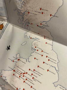 Image shows a segment of a map of Great Britain featuring devilishly themed locations in the Folklore & Superstitions map.