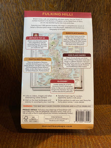 Image shows the back of a folded map with colour coded locations listing Britain's funniest, oddest, rudest place names with trivia and journeys through UK.