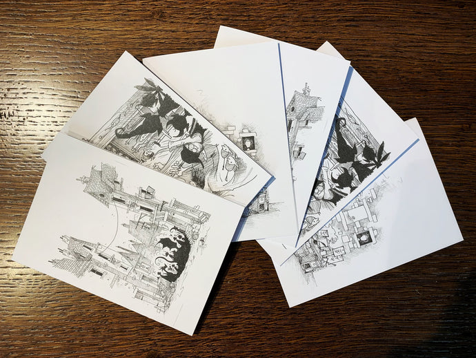 Image shows a flat lay of the six notecards you receive in a set, spread out into an overlapping fan shape
They are black and white sketch illustrations printed on white cards. Two of each design are in the image. 