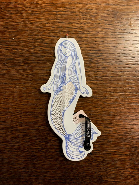 Image shows a mermaid shaped flat paper pen in blue with silver foil finish.