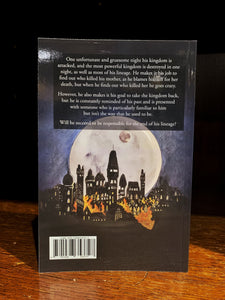 Image shows the back cover of the novella Valderia's Resurrection. The illustration continues from the front, showing more of the burning city. The blurb is printed above. 