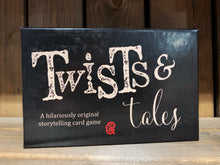 Load image into Gallery viewer, Image of the front of the box for Twists and Tales, a storytelling game created by children and young people at Grimm and Co. The Box is dark blue with white text.