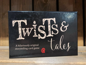 Image of the front of the box for Twists and Tales, a storytelling game created by children and young people at Grimm and Co. The Box is dark blue with white text.