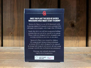 Image showing the back of the cardboard box for the card game Stems of a Story, created by children and young people during workshops at Grimm and Co. The box is dark blue, with white text.