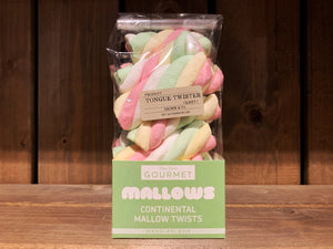 Image showing a cellophane bag of  soft marshmallows in pastel-coloured twist shapes. There is a kraft brown name sticker on the front. 