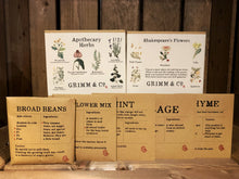 Load image into Gallery viewer, Image shows the full Magical Seeds range. 5 seed packets in kraft brown paper pouches are standing upright next to one another with slight overlap - from left to right - broad beans, wildflower mix, mint, sage, thyme. Two boxes of seed collections are raised above - these are in kraft brown boxes with a white label. From left to right - apothecary herbs and Shakespeare&#39;s flowers.