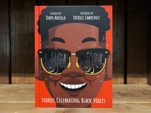 Image of the front cover of Joyful Joyful. It has a bright red background, but most of the cover is an illustration of the face of a smiling black boy wearing sunglasses. The title is written in metallic silver in the sunglasses. 