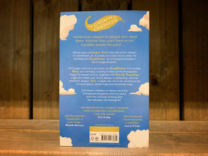 image of the back of the book Rumblestar. the cover is the same bright blue as the front, with a few white clouds. the blurb is written in white and gold text.