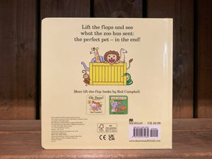 Image of the back of Dear Zoo. The background is cream, and there is an illustration of a yellow box, with a snake, a llama, a lion, a giraffe, an elephant, and a monkey peeking around the sides and over the top. The blurb is in plain black text.