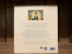 Image of the back cover of Yokki and the Parno Gry. The background is a cream colour with the blurb written in blue text. Above the blurb at the top is a small illustration of a boy telling a story, surrounded by six people. 