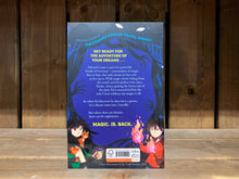 Load image into Gallery viewer, Image of the back cover of Artezans: The Forgotten Magic. the illustration continues from the front, surrounding the blurb which is written in yellow and white text/ The two characters from the front are repeated at the bottom, one on each side. 