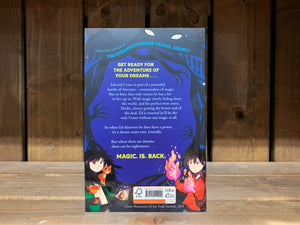 Image of the back cover of Artezans: The Forgotten Magic. the illustration continues from the front, surrounding the blurb which is written in yellow and white text/ The two characters from the front are repeated at the bottom, one on each side. 