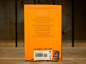 Image of the back cover of The Crossing. The cover is bright orange, and has the blurb in white and black text. There are no illustrations.