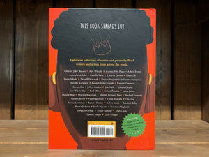 Image of the back cover of Joyful Joyful. The back has the same red background, but the illustration is the back of the boys head. the blurb and list of included artists is written in yellow and white text.