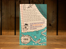 Load image into Gallery viewer, Image of the back cover of Mayhem Mission. The blurb is written on a drawing of a ripped notebook page.