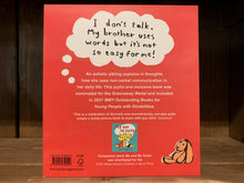 Load image into Gallery viewer, image of the back cover of Talking is Not My Thing. The background is bright red, and there is a small illustration of a toy rabbit in the bottom right corner. Part of the blurb is written inside a white thought bubble in black text, the rest is written in white text.