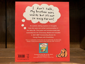 image of the back cover of Talking is Not My Thing. The background is bright red, and there is a small illustration of a toy rabbit in the bottom right corner. Part of the blurb is written inside a white thought bubble in black text, the rest is written in white text.
