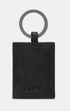 Load image into Gallery viewer, Image shows the back of a lack leather keyring with metal ring stamped with YOSHI branding. Leather is embossed with YOSHI at the bottom.