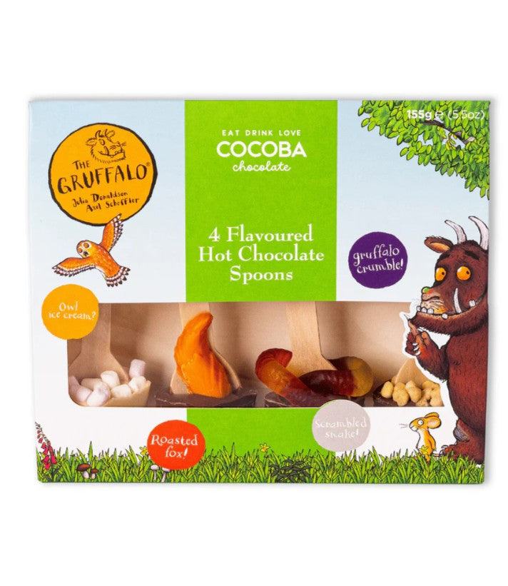 Image shows the boxed 4 pack of flavoured hot chocolate spoons each one themed around a character from the Gruffalo story. Includes Owl Ice-Cream, Roasted Fox, Scrambled Snake and Gruffalo Crumble. Chocolate spoons each have added sweets on top of the Cocoba chocolate. Packaging features the Gruffalo, Mouse and Owl.