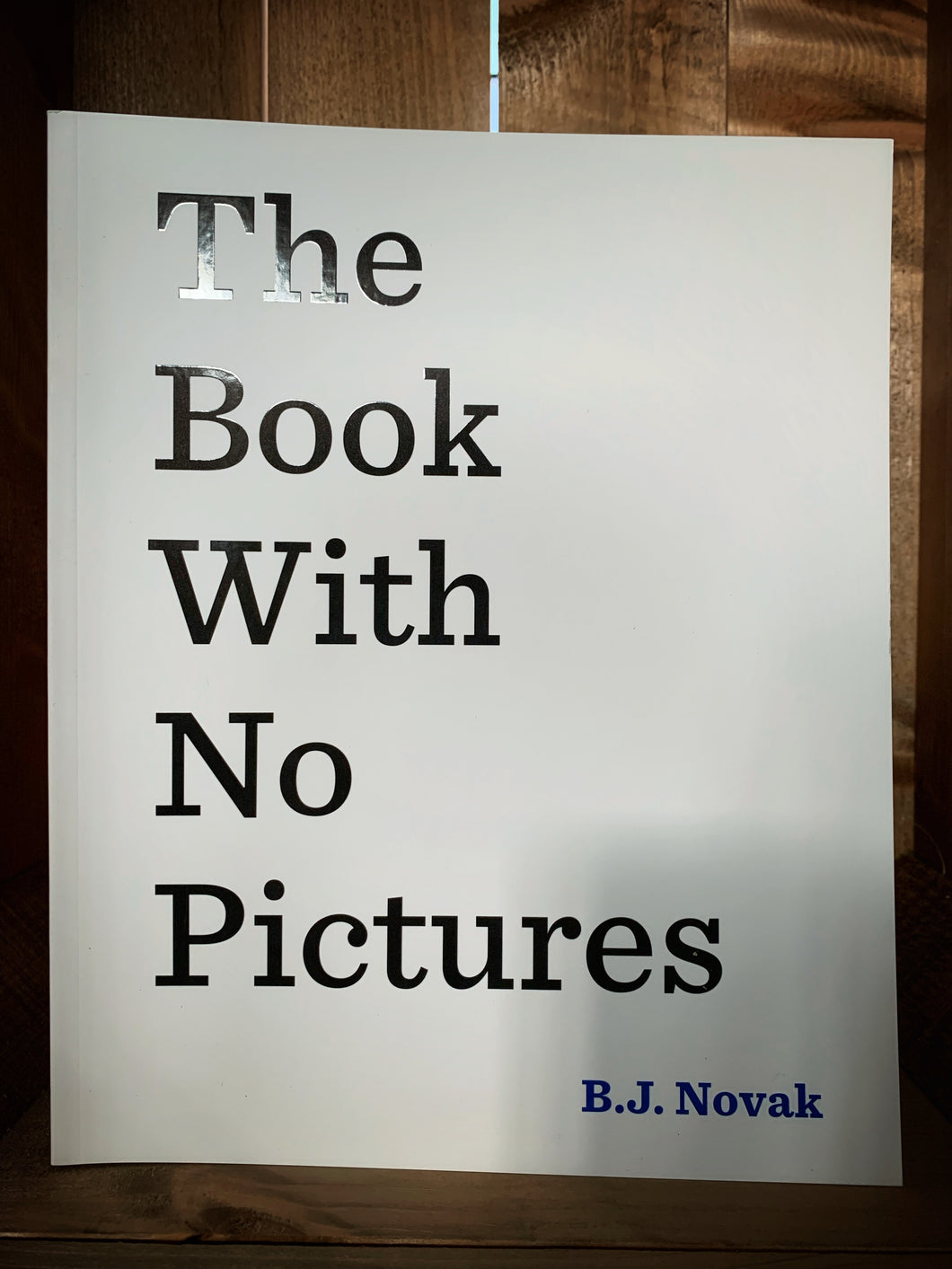 Image of the front cover of The Book With No Pictures. The cover has a plain white background, and the title is written in very large, plain black text on the left side, with only one word on each line. 
